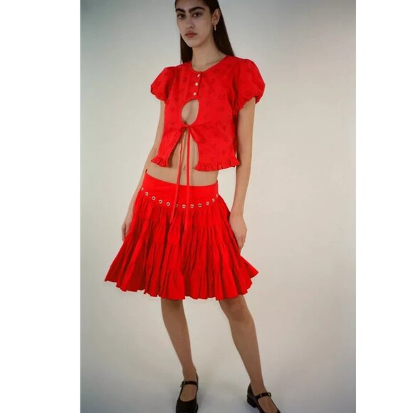Sandy Liang Cameo Blouse Top Eyelet Embroidered Ruffle Red Cotton M-8 New 270756 - Picture 2 of 8